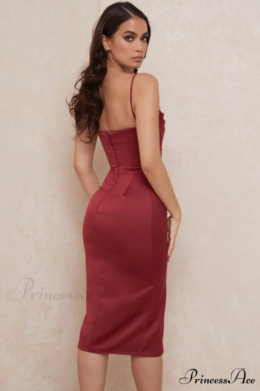 Anja Wine Satin Charming Corset Midi Dress