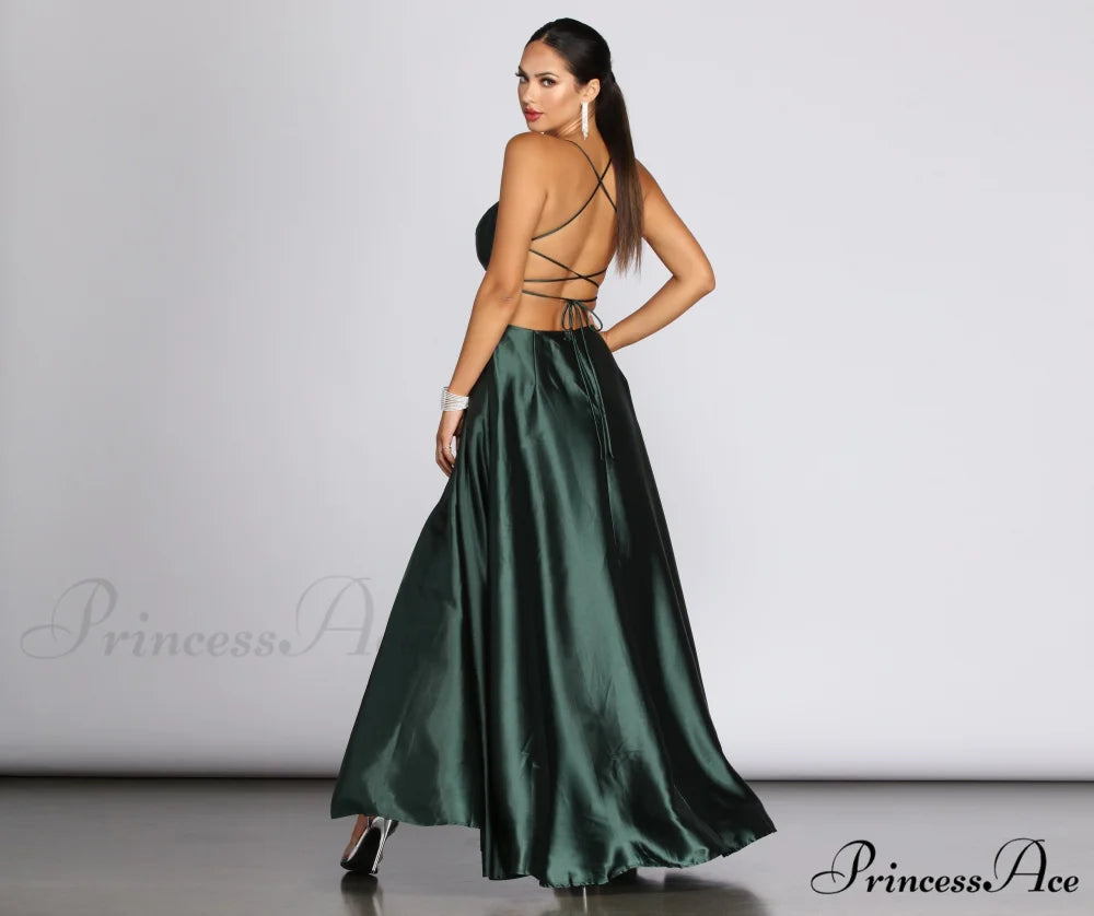 Anne Formal Stylish Lattice Satin Dress EMERALD / XS