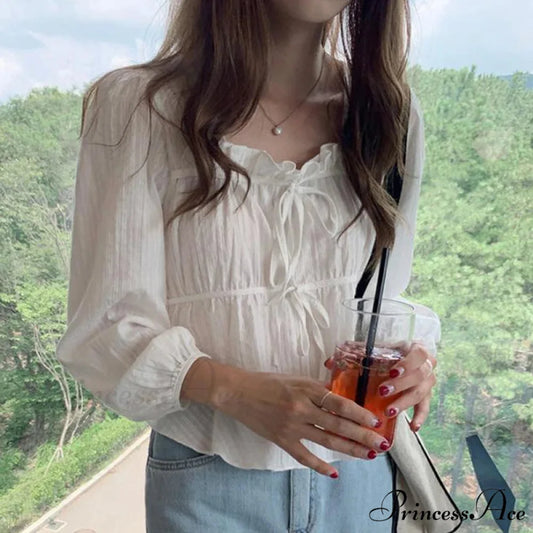 Antique Baggy Ivory Frilled Extended Sleeve Top WHITE / S blouse-250126