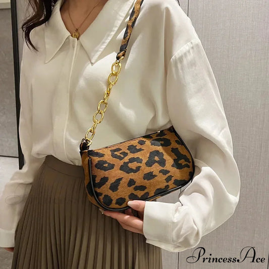 Antique Chain Fluffy Leopard Shoulder Bag LightBrown shoulder-250126