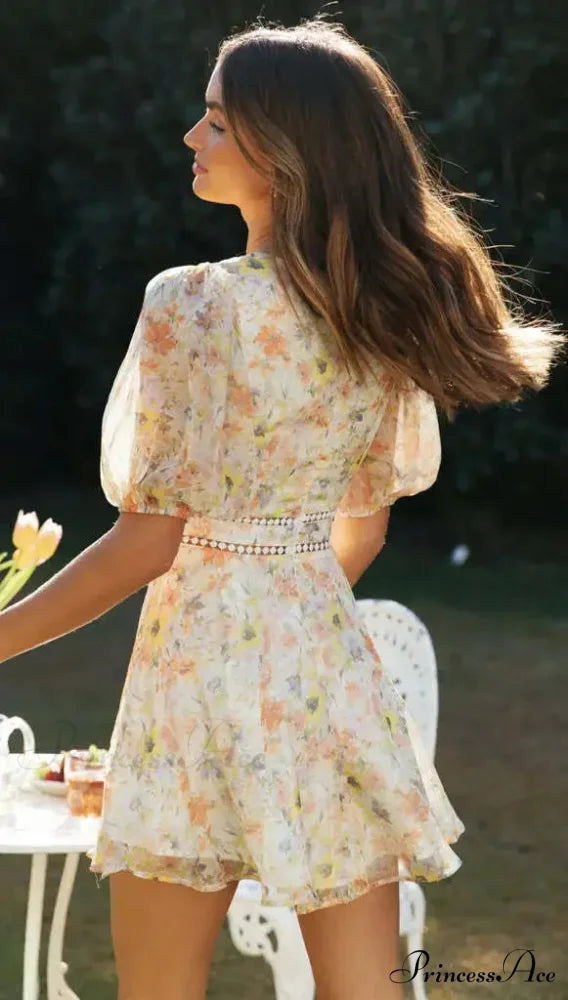 Antique Flower Pattern Long Sleeve Cutout Seductive V-neck Mini Boho Dress bohodress-250126
