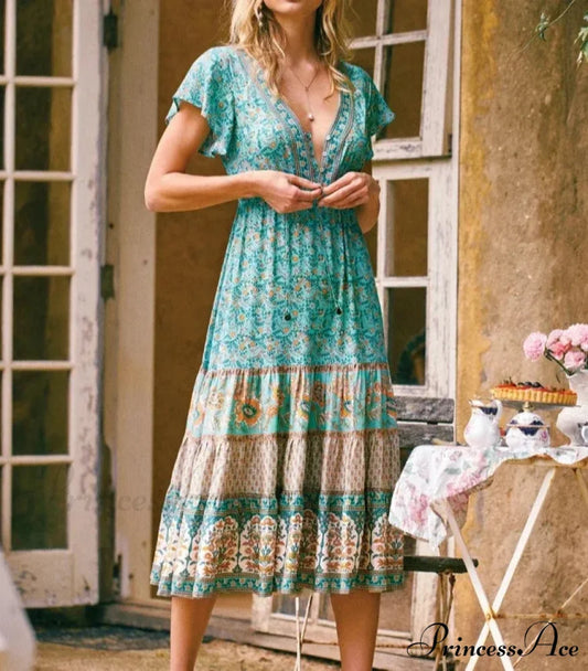 Antique Flower Pattern Sashes Crisscross Neckline Long Bohemian Dress Green / S bohodress-250126