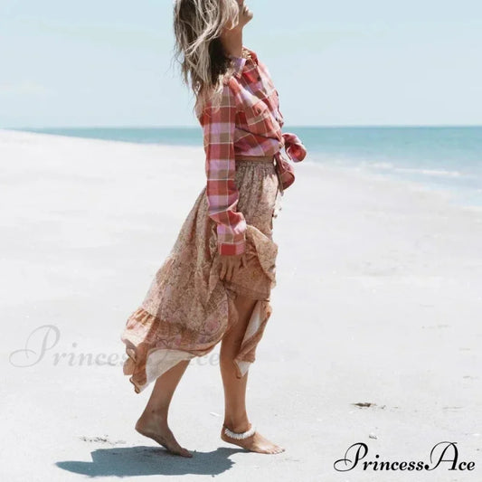 Antique Flower Peacock Printed High Rise Beach Boho Skirt skirt-250126