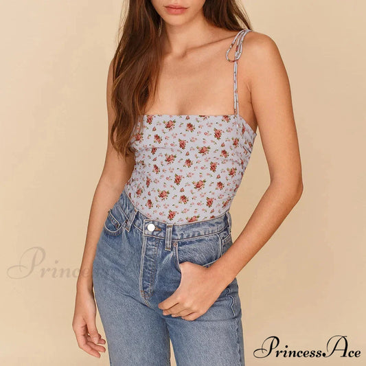 Antique Flower Smocked Bind Strap Slim Fitted Crop Cami Top BLUE / S croptop-250126
