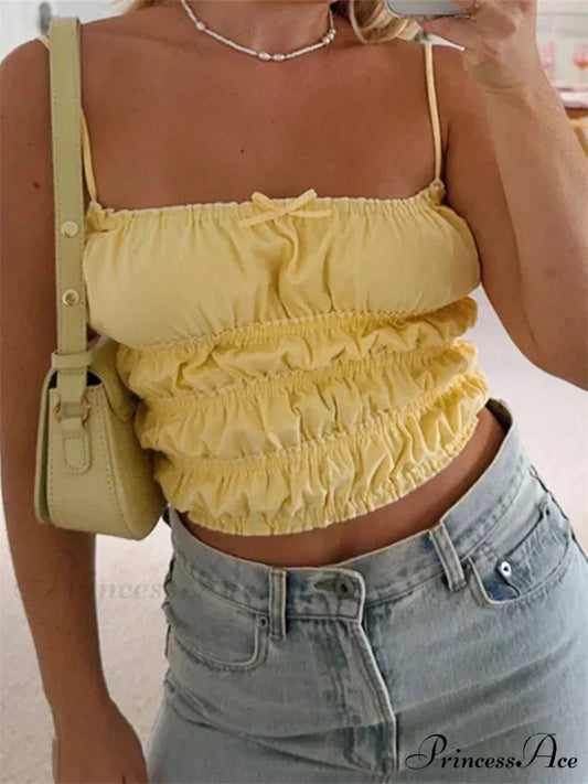 Antique Gathered Monochrome Bow Fitted Crop Top YELLOW / S croptop-250126