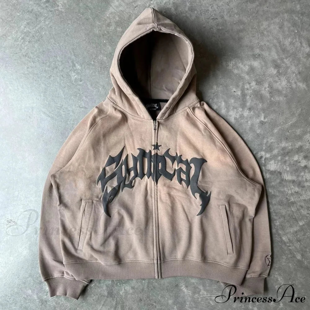 Antique Gothic Printed Zipper Hoodie coffee / M hoodies-241228