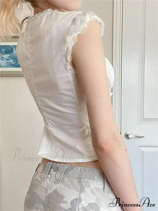 Antique Lace Edging Cap Sleeve Bandage Top blouse-250126