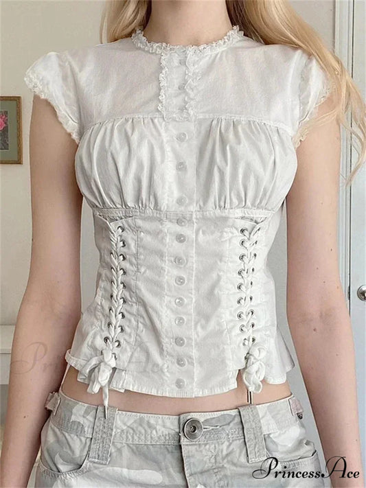 Antique Lace Edging Cap Sleeve Bandage Top WHITE / S blouse-250126