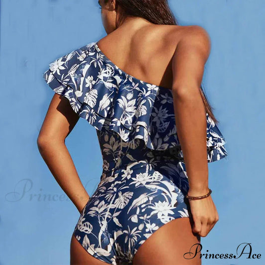 Antique Printed Frilled One Piece Swimsuit Blue / S onepiece-250223