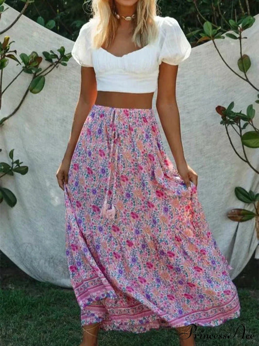 Antique Rose Flower Pattern Divided Seaside Bohemian Long Skirt purple / S skirt-250126