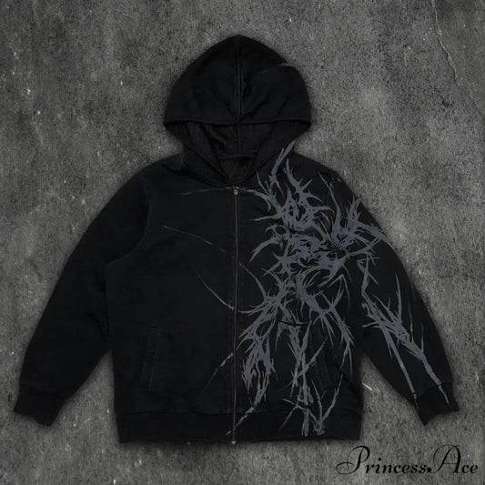 Antique Skull Flower Print Hoodie black 1 / S hoodies-241228