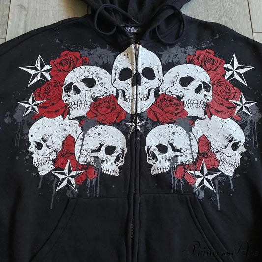 Antique Skull Flower Print Hoodie hoodies-241228