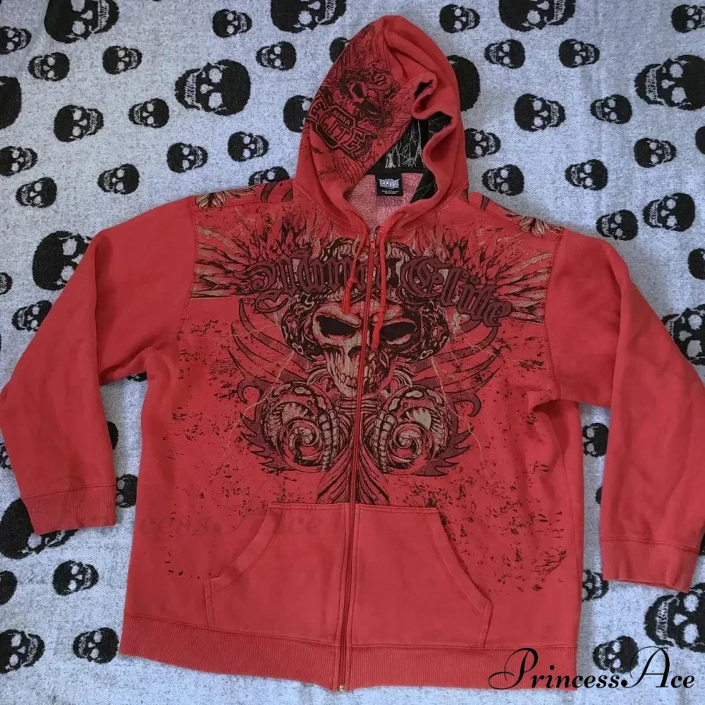 Antique Skull Wing Zip Up Hoodie red 1 / M hoodies-241228