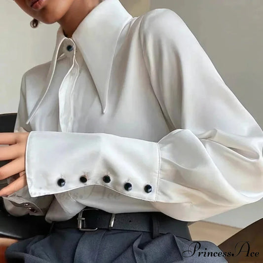Antique Smooth Silk Fold Over Collar Shirt WHITE / S blouse-250126