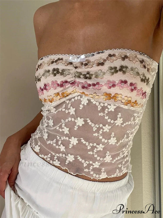 Antique Stitched Blossom Bandeau Crop Top WHITE / S croptop-250126