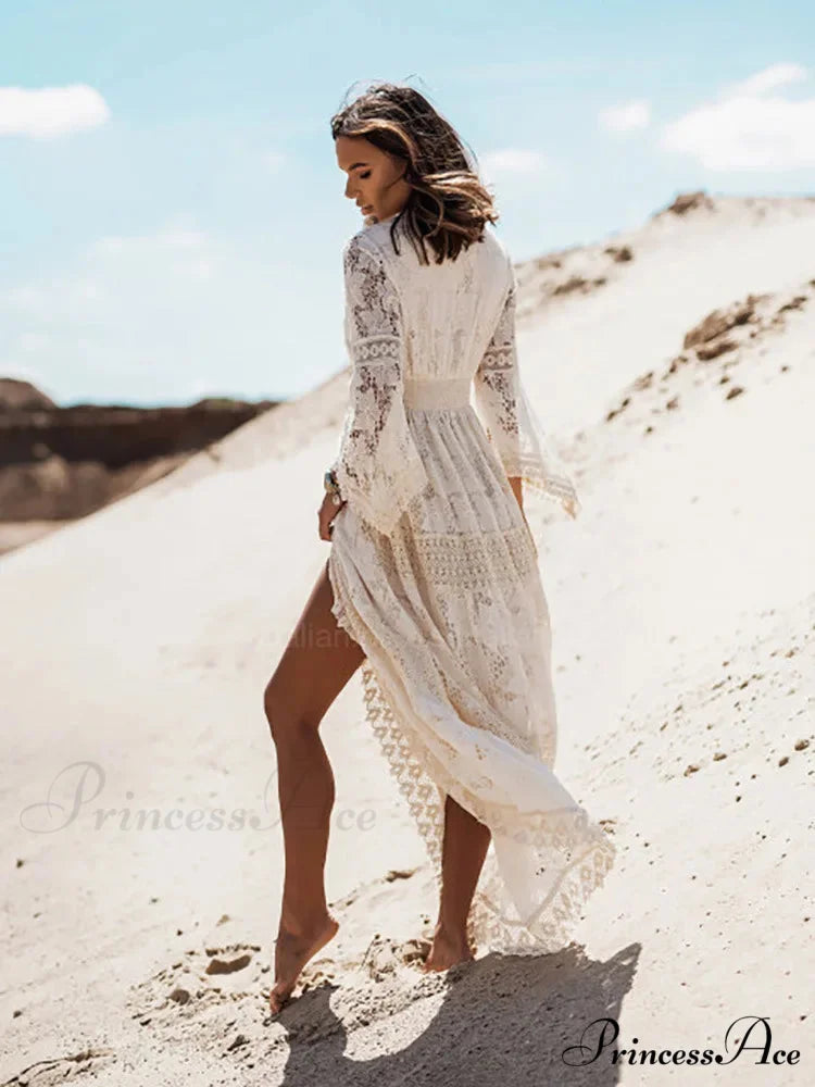 Antique Stitching Baggy Ivory Crimson Boho Dress bohodress-250126