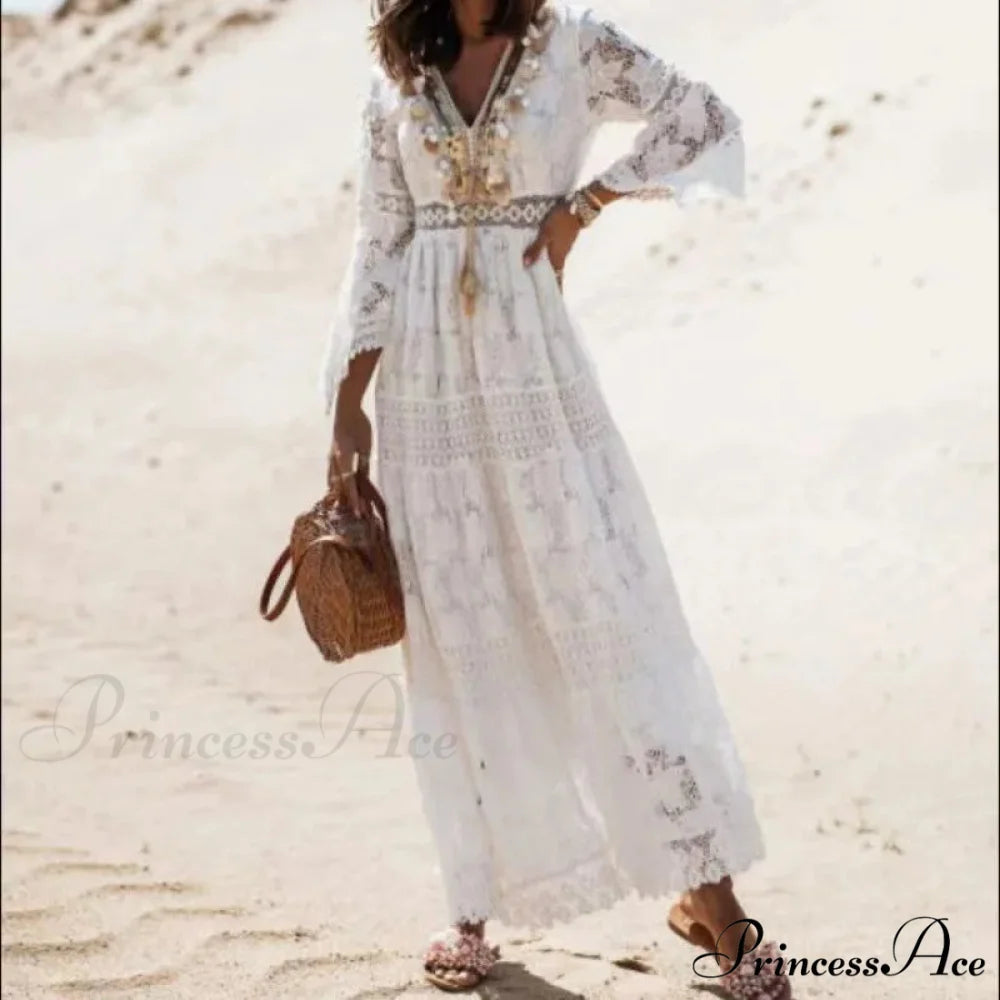 Antique Stitching Baggy Ivory Crimson Boho Dress WHITE / S bohodress-250126