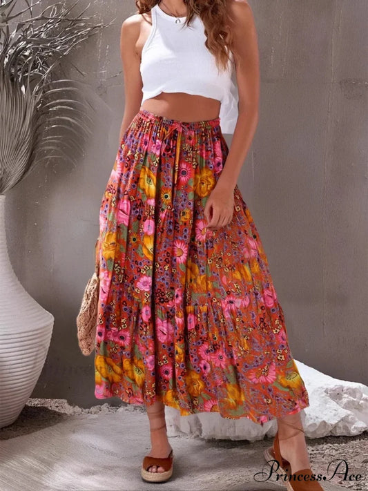Antique Style Bohemian Crimson Floral Pattern Seaside Extended Skirt RED / S skirt-250126