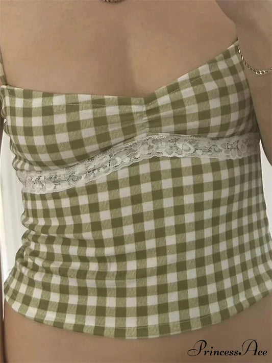 Antique Tartan Lace Patchwork Spaghetti Crop Top croptop-250126