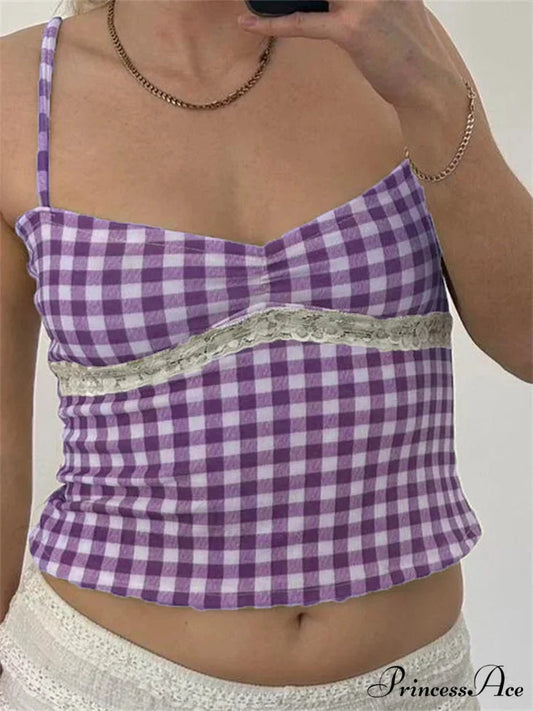 Antique Tartan Lace Patchwork Spaghetti Crop Top PURPLE / S croptop-250126