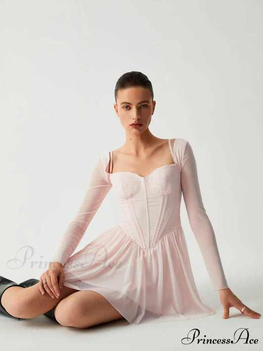 Aphrodite Mesh Bustier Corset Modern Long Sleeve Short Dress Pink / XS
