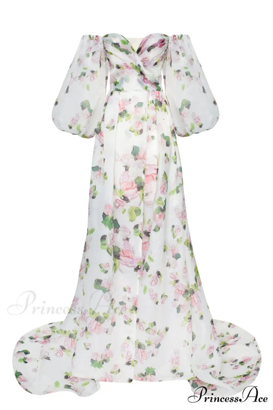 Apple Blossom Elegant Floral Graceful Puff Sleeve Maxi Dress XXS / Apple Blossom / White Underskirt