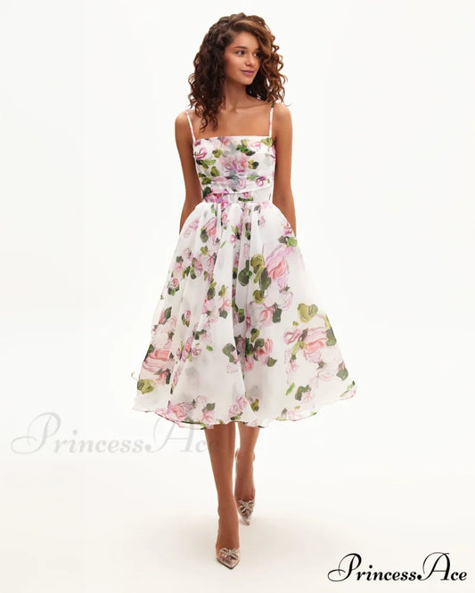 Apple Blossom Spaghetti Charming Strap Midi Dress
