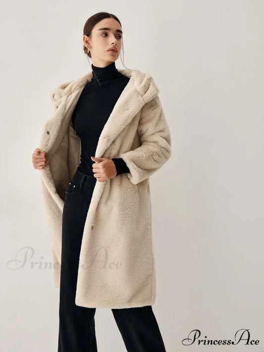 Apricot Faux Fur Trendy Hooded Longline Coat Apricot / XS