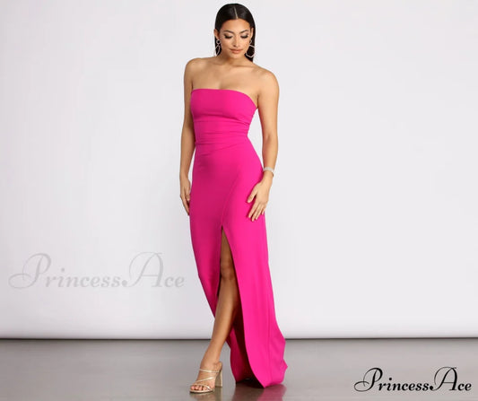 April Front Slit Charming Strapless Crepe Dress PINK / S