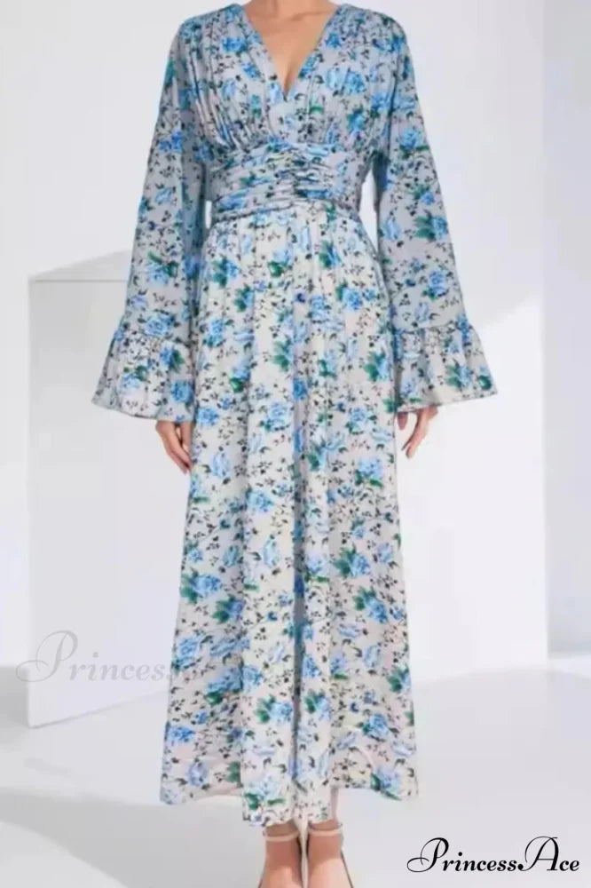 Aracely V Neck Charming Floral Maxi Dress S / Blue
