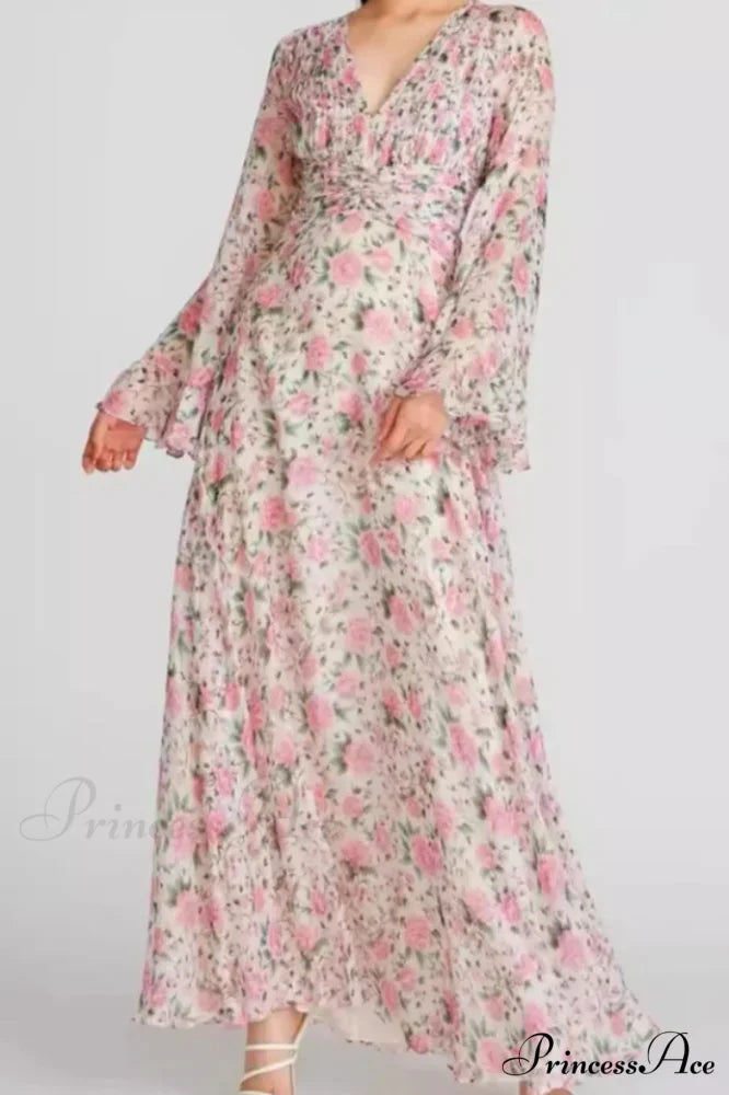 Aracely V Neck Charming Floral Maxi Dress S / Pink