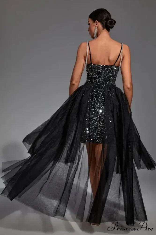 Ariel Black Stylish Sequin Diamante Dress