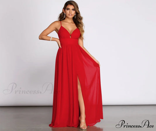 Arlyn Chiffon Deep Charming V A Line Dress RED