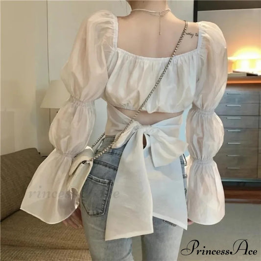 Arm Bandage Black New Cropped Pink Fashion Neck - Spring French Women Boxy Autumn Blouse Bow - Top Women Back Puff