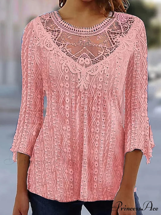 Arm Blouse Neck Black Blouse Pink Round White Lace 3/4 Casual Women’s Regular S Pink / S