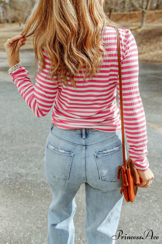 Arm Design Long Textured Pink Knit Striped Tee