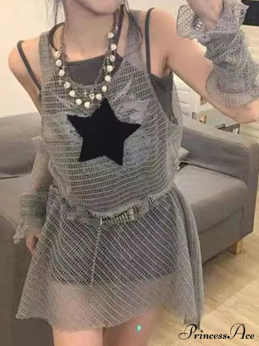 Arm Gloves Cold Shoulder Modern Star Black Crop Top