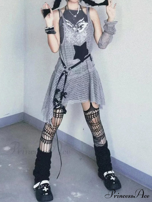 Arm Gloves Cold Shoulder Modern Star Black Crop Top Gray / S