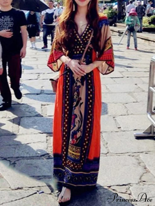 Arm Neck V Full-Length Flowered Half Dress