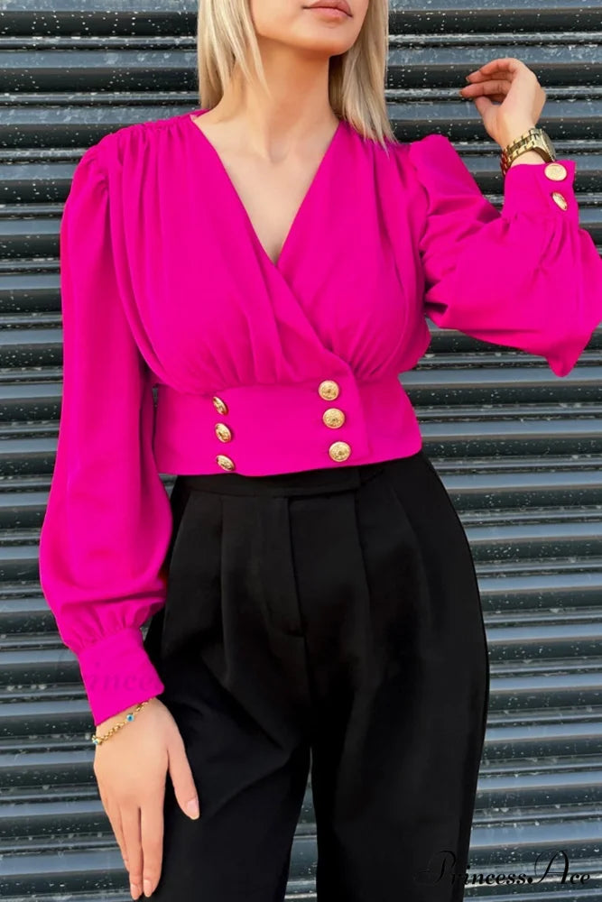 Arm Smocked Puff Neck V Top Rose / L