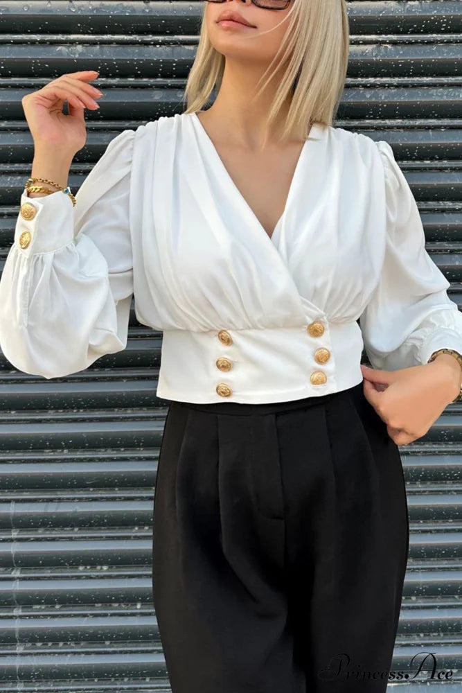Arm Smocked Puff Neck V Top White / L