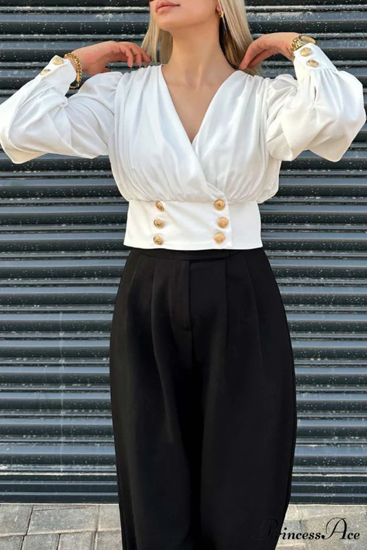 Arm Smocked Puff Neck V Top White / S