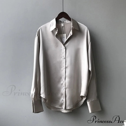 Arm Vintage Ladies Satin Korean Office Long Blouse Button Up Silk Elegant Blouse White Tops S / Gray
