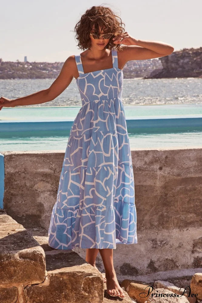 Ashlyn Smocked Stylish Maxi Dress S / Blue