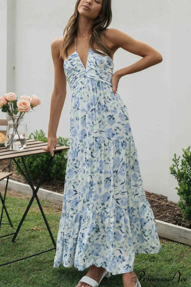 Asiah Halter Stylish Neck Maxi Dress S / Blue Floral