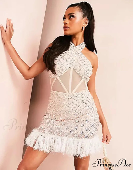 ASOS LUXE halter cross neck embellished Modern mini dress with feather hem in natural 4 Days / 2 / XS / White
