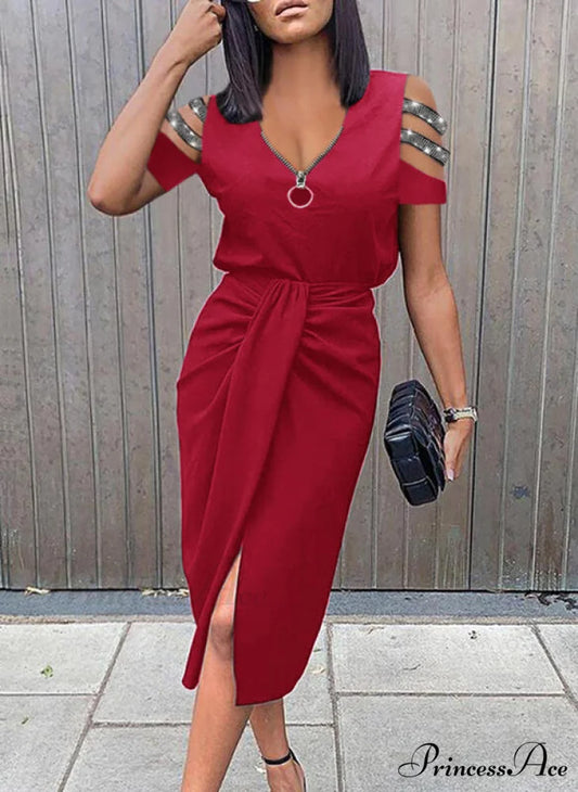 asual V-neck Lace Long Sleeve Elegant Party Dress Red 03 / S