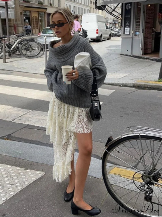 Asymmetric Flower Lace Trendy Ruffles Pleated Long Skirt White / S