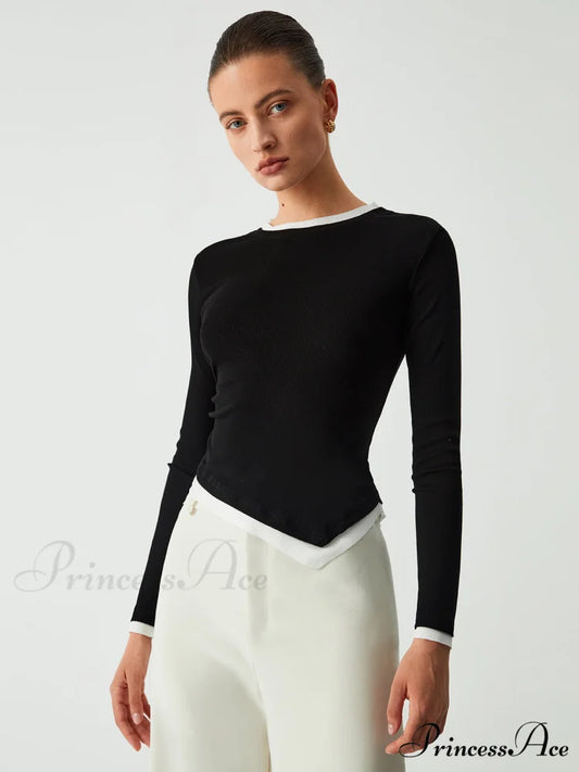 Asymmetric Hem Contrast Trendy Trim Long Sleeve Shirt Black / XS