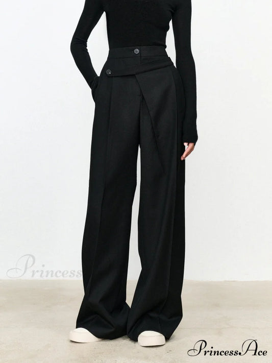 Asymmetric Layer Button Trendy Straight Leg Dress Pants